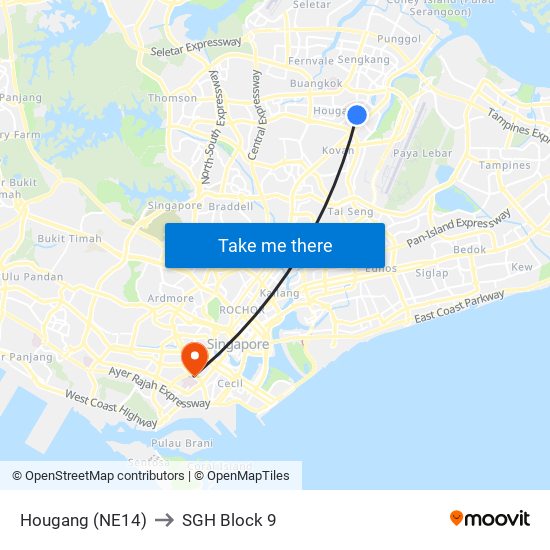 Hougang (NE14) to SGH Block 9 map