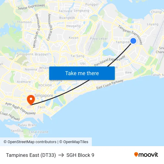 Tampines East (DT33) to SGH Block 9 map
