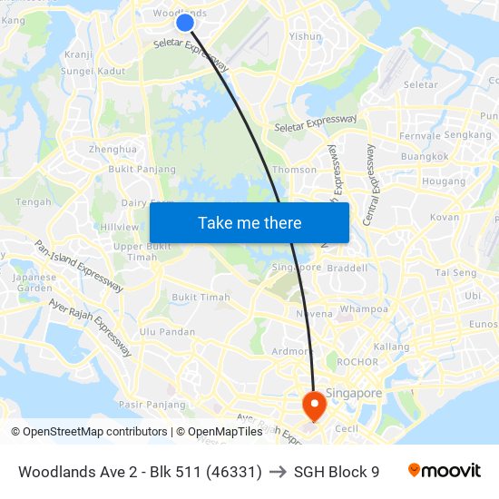 Woodlands Ave 2 - Blk 511 (46331) to SGH Block 9 map