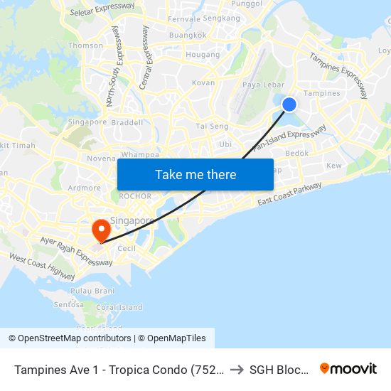Tampines Ave 1 - Tropica Condo (75259) to SGH Block 9 map