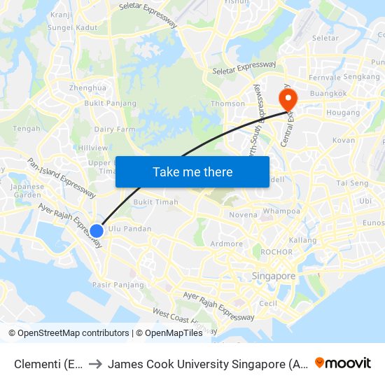 Clementi (EW23) to James Cook University Singapore (AMK Campus) map