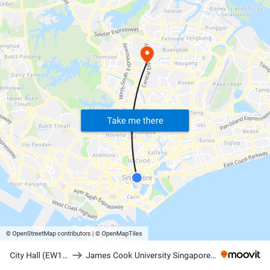 City Hall (EW13|NS25) to James Cook University Singapore (AMK Campus) map