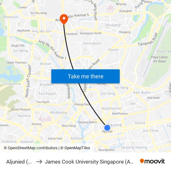 Aljunied (EW9) to James Cook University Singapore (AMK Campus) map