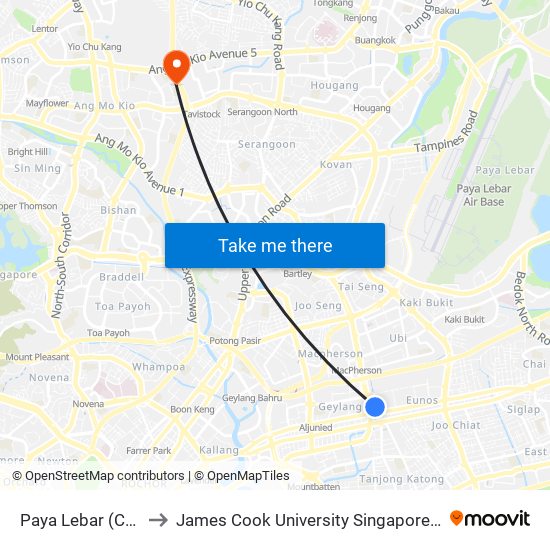 Paya Lebar (CC9|EW8) to James Cook University Singapore (AMK Campus) map