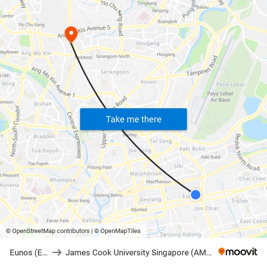 Eunos (EW7) to James Cook University Singapore (AMK Campus) map