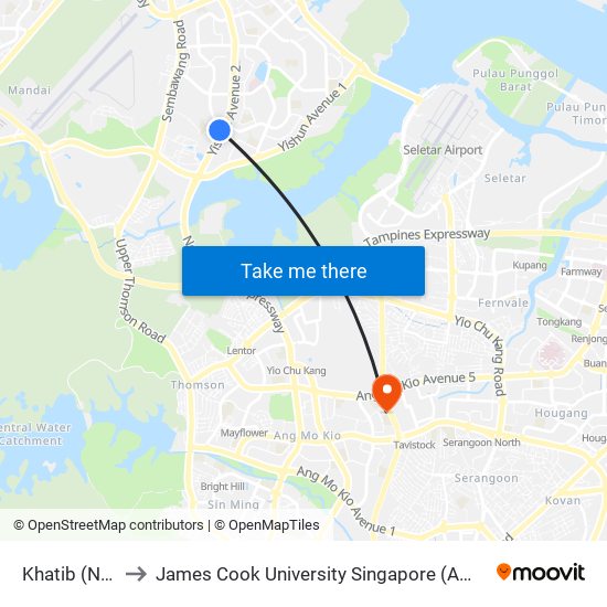 Khatib (NS14) to James Cook University Singapore (AMK Campus) map