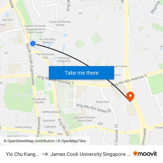 Yio Chu Kang (NS15) to James Cook University Singapore (AMK Campus) map