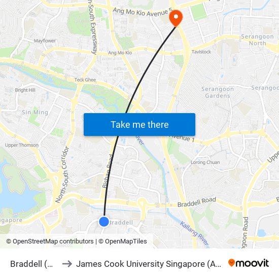 Braddell (NS18) to James Cook University Singapore (AMK Campus) map