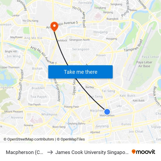 Macpherson (CC10|DT26) to James Cook University Singapore (AMK Campus) map