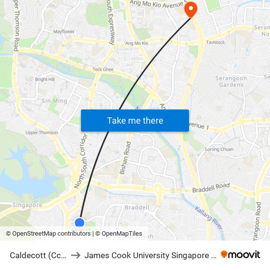 Caldecott (Cc17|Te9) to James Cook University Singapore (AMK Campus) map
