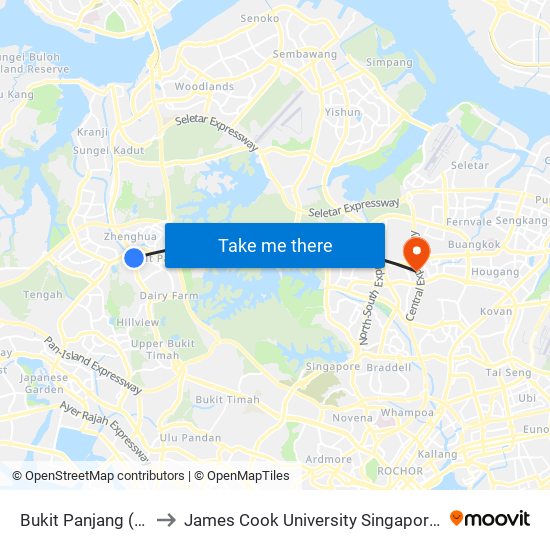 Bukit Panjang (BP6|DT1) to James Cook University Singapore (AMK Campus) map