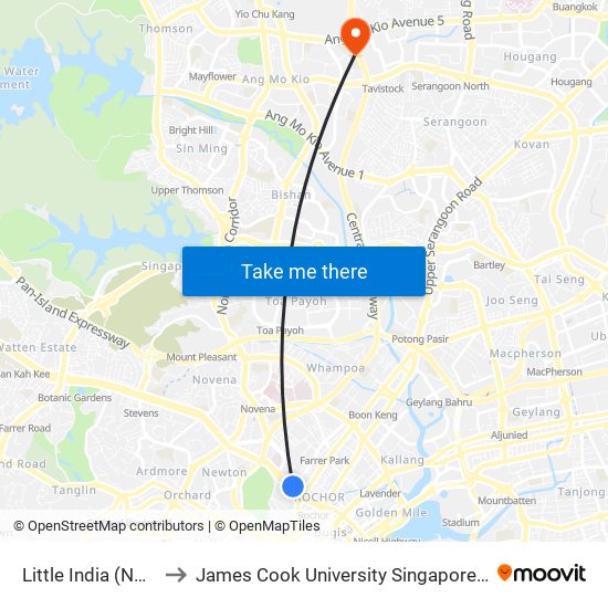 Little India (NE7|DT12) to James Cook University Singapore (AMK Campus) map