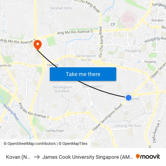 Kovan (NE13) to James Cook University Singapore (AMK Campus) map