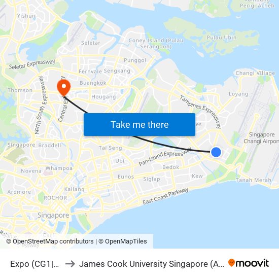 Expo (CG1|DT35) to James Cook University Singapore (AMK Campus) map