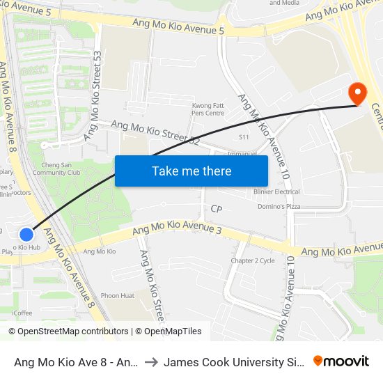 Ang Mo Kio Ave 8 - Ang Mo Kio Int (54009) to James Cook University Singapore (AMK Campus) map