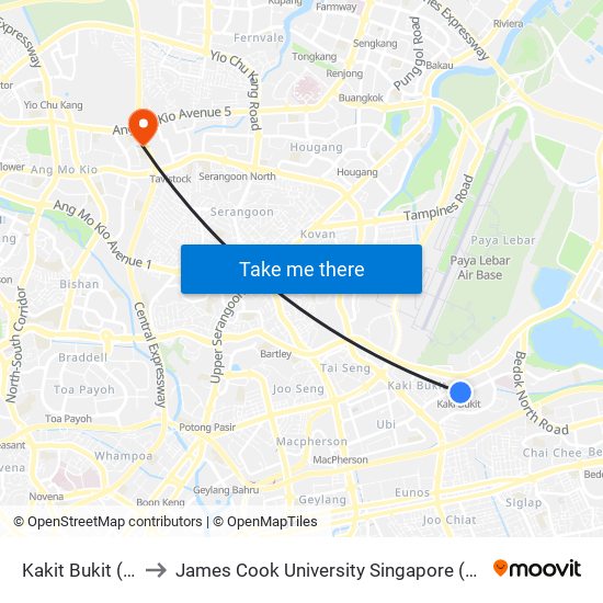 Kakit Bukit (DT28) to James Cook University Singapore (AMK Campus) map