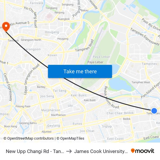 New Upp Changi Rd - Tanah Merah Stn Exit A (85099) to James Cook University Singapore (AMK Campus) map