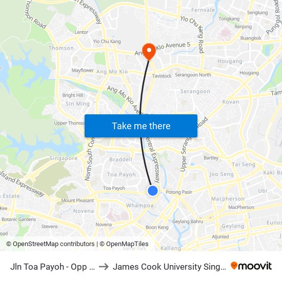 Jln Toa Payoh - Opp Blk 195 (52089) to James Cook University Singapore (AMK Campus) map