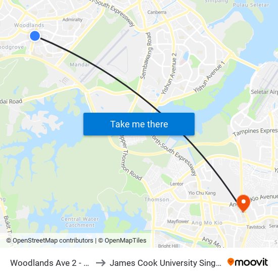 Woodlands Ave 2 - Blk 511 (46331) to James Cook University Singapore (AMK Campus) map