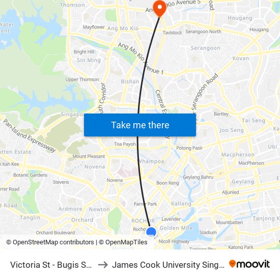 Victoria St - Bugis Stn Exit A (01113) to James Cook University Singapore (AMK Campus) map