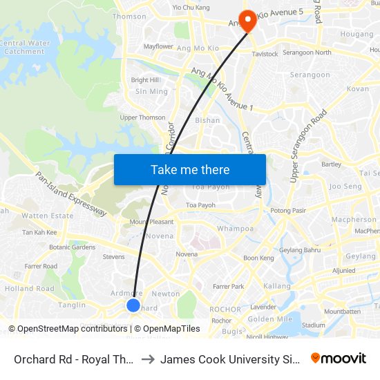 Orchard Rd - Royal Thai Embassy (09179) to James Cook University Singapore (AMK Campus) map
