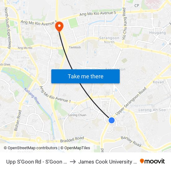 Upp S'Goon Rd - S'Goon Stn Exit A/Blk 413 (62139) to James Cook University Singapore (AMK Campus) map