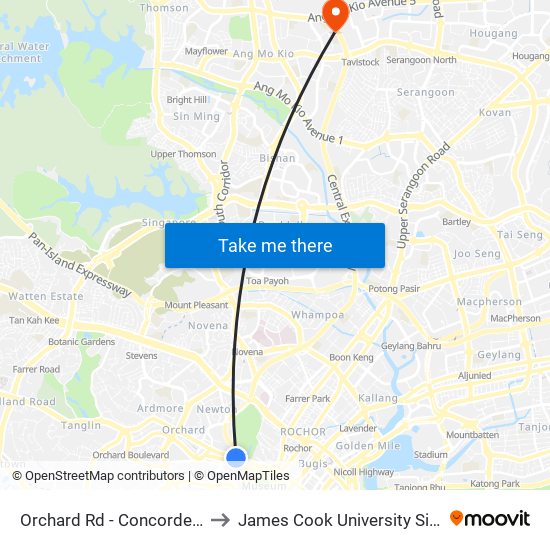 Orchard Rd - Concorde Hotel S'Pore (08138) to James Cook University Singapore (AMK Campus) map