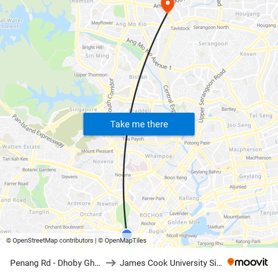 Penang Rd - Dhoby Ghaut Stn Exit B (08031) to James Cook University Singapore (AMK Campus) map