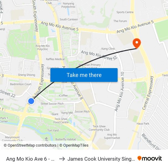 Ang Mo Kio Ave 6 - Blk 307a (54019) to James Cook University Singapore (AMK Campus) map