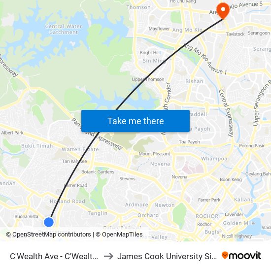 C'Wealth Ave - C'Wealth Stn Exit B/C (11169) to James Cook University Singapore (AMK Campus) map