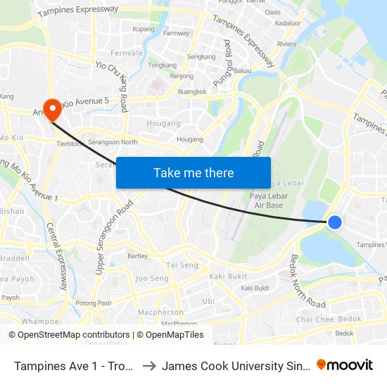 Tampines Ave 1 - Tropica Condo (75259) to James Cook University Singapore (AMK Campus) map