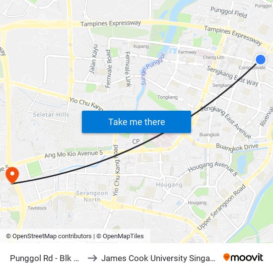 Punggol Rd - Blk 298a (65061) to James Cook University Singapore (AMK Campus) map