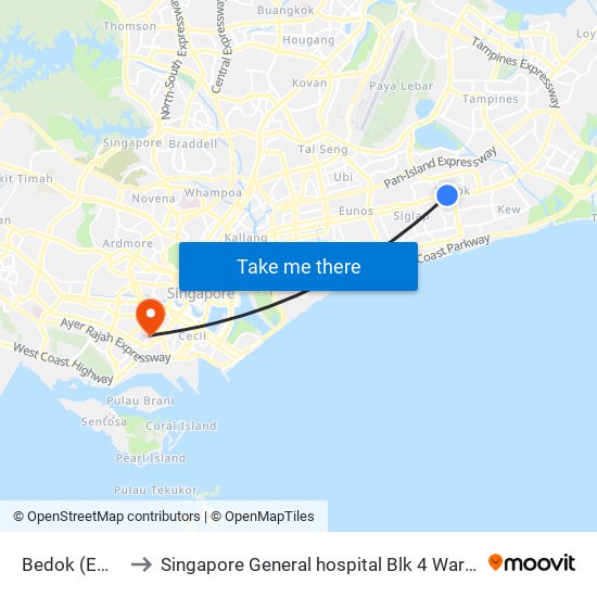 Bedok (EW5) to Singapore General hospital Blk 4 Ward 43 map