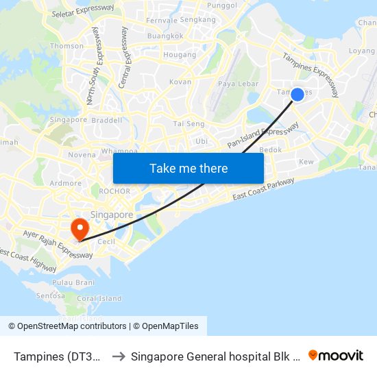 Tampines (DT32|EW2) to Singapore General hospital Blk 4 Ward 43 map