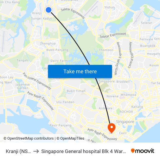 Kranji (NS7) to Singapore General hospital Blk 4 Ward 43 map