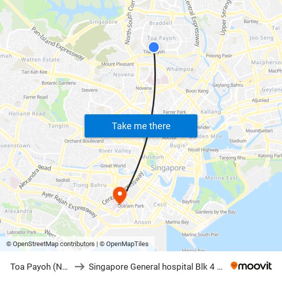 Toa Payoh (NS19) to Singapore General hospital Blk 4 Ward 43 map