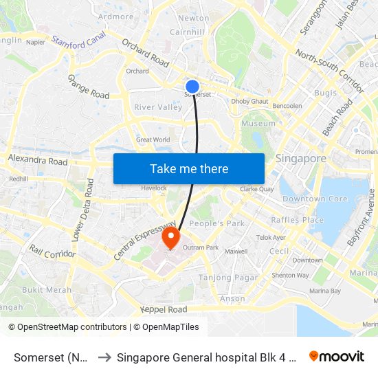 Somerset (NS23) to Singapore General hospital Blk 4 Ward 43 map