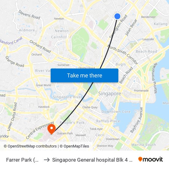 Farrer Park (NE8) to Singapore General hospital Blk 4 Ward 43 map