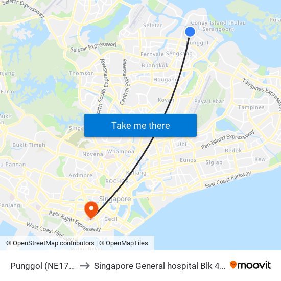 Punggol (NE17|PTC) to Singapore General hospital Blk 4 Ward 43 map