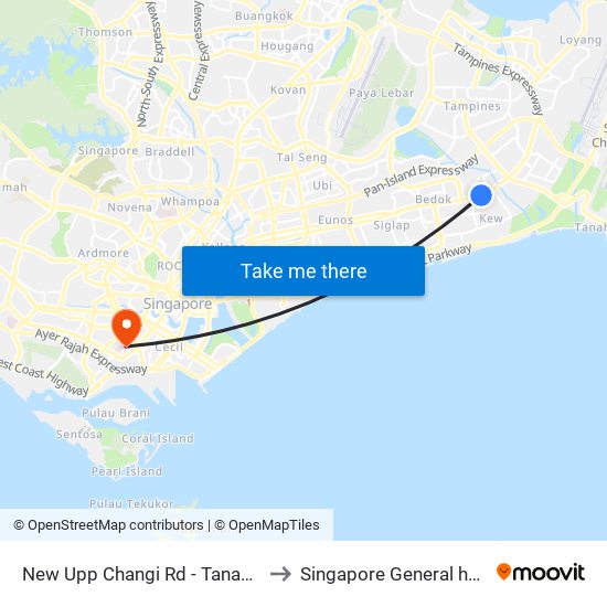 New Upp Changi Rd - Tanah Merah Stn Exit A (85099) to Singapore General hospital Blk 4 Ward 43 map