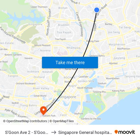 S'Goon Ave 2 - S'Goon Int (66009) to Singapore General hospital Blk 4 Ward 43 map