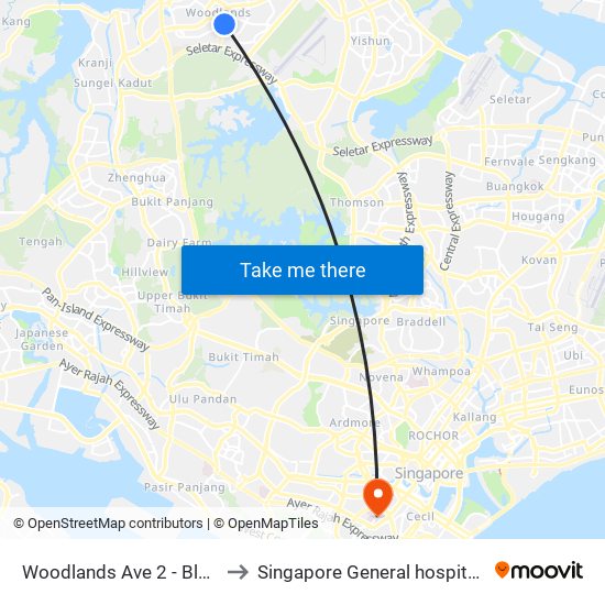 Woodlands Ave 2 - Blk 511 (46331) to Singapore General hospital Blk 4 Ward 43 map