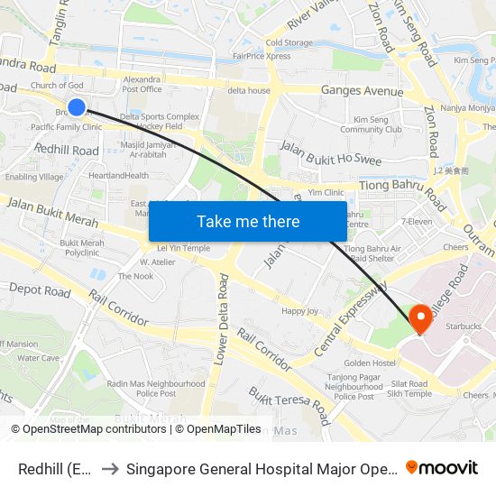 Redhill (EW18) to Singapore General Hospital Major Operating Theatre map