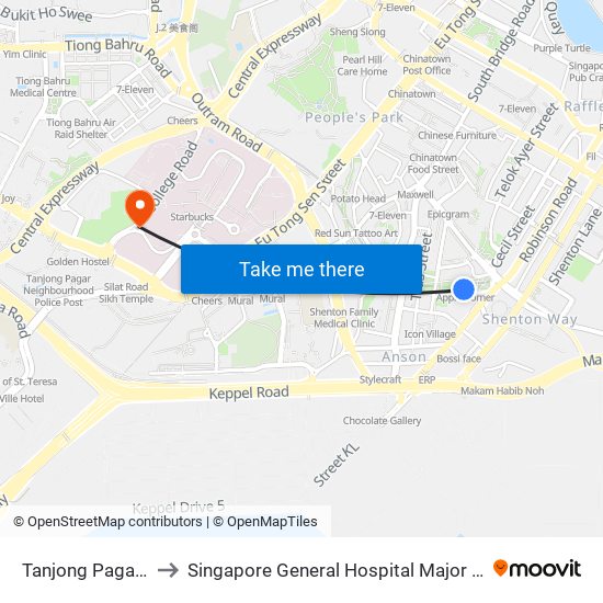 Tanjong Pagar (EW15) to Singapore General Hospital Major Operating Theatre map