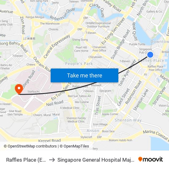 Raffles Place (EW14|NS26) to Singapore General Hospital Major Operating Theatre map