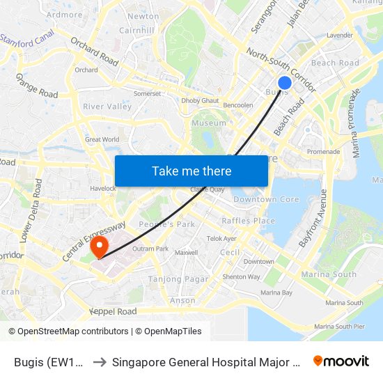Bugis (EW12|DT14) to Singapore General Hospital Major Operating Theatre map