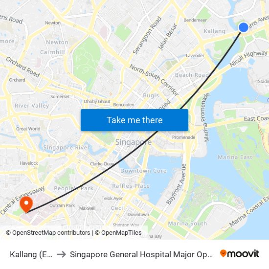 Kallang (EW10) to Singapore General Hospital Major Operating Theatre map