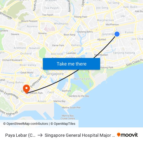 Paya Lebar (CC9|EW8) to Singapore General Hospital Major Operating Theatre map