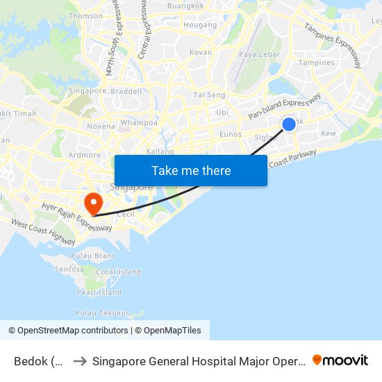 Bedok (EW5) to Singapore General Hospital Major Operating Theatre map