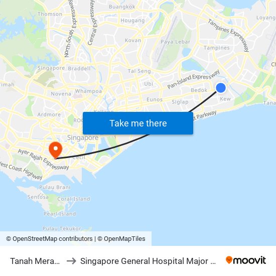 Tanah Merah (EW4) to Singapore General Hospital Major Operating Theatre map